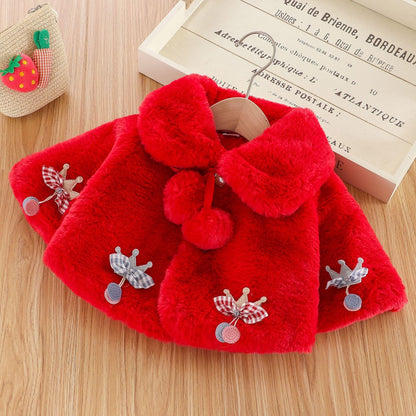 Stevvex red plush baby fur cloak jacket for baby girls with plaid ribbon bow accents on Tampa Home & Garden Store