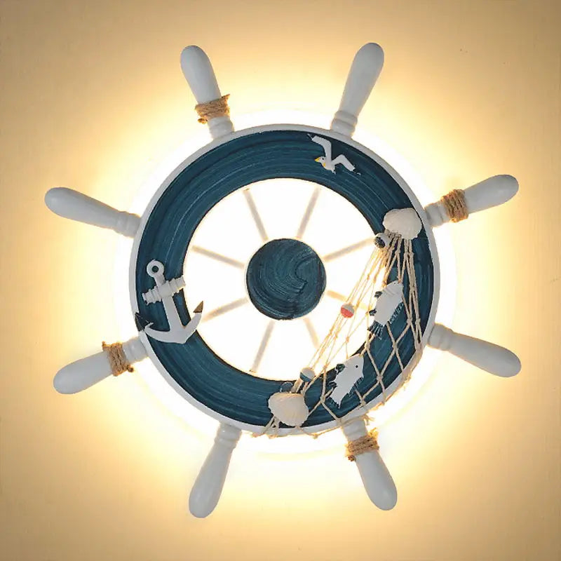 DecorBites Kids LED Ship Rudder Wall Light, blue and white nautical wheel with rope accents on Tampa Home & Garden Store