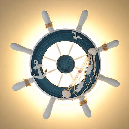 DecorBites Kids LED Ship Rudder Wall Light, blue and white nautical wheel with rope accents on Tampa Home & Garden Store