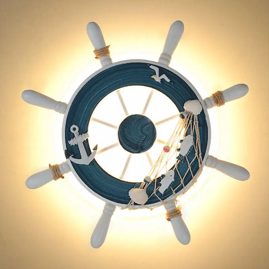 DecorBites Kids LED Ship Rudder Wall Light, blue and white nautical wheel with rope accents on Tampa Home & Garden Store