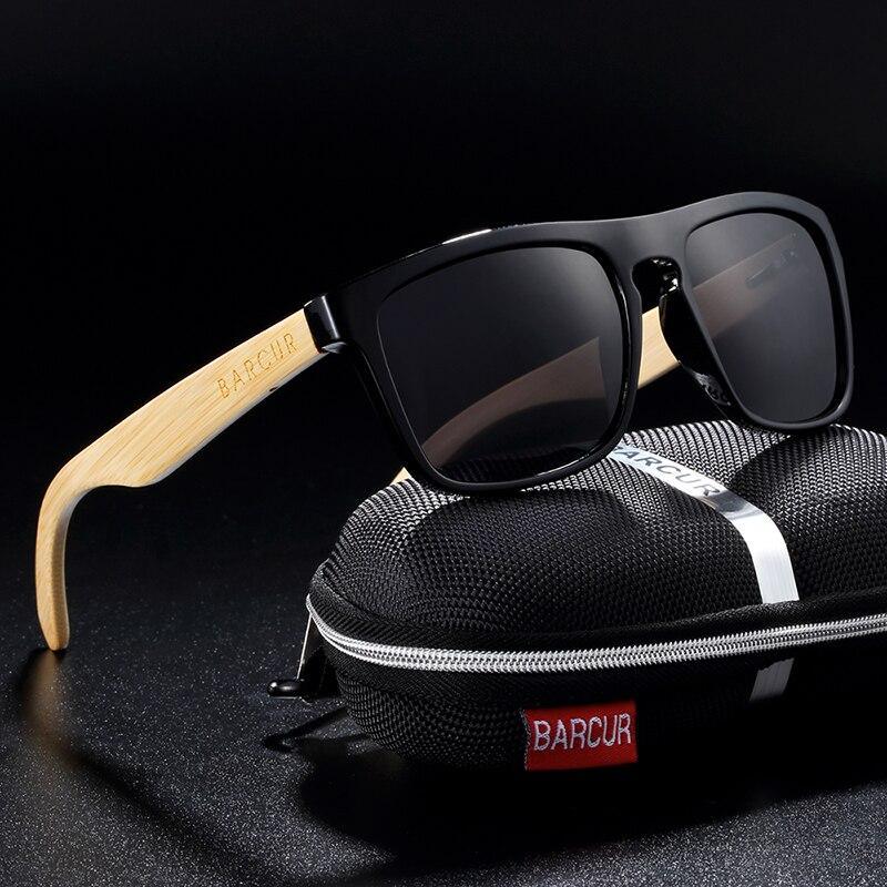 Stevvex polarized bamboo sunglasses with black frame and bamboo temples, UV400; BARCUR case on Tampa Home & Garden Store