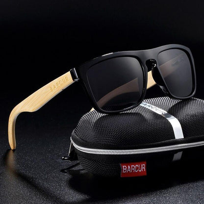 Stevvex polarized bamboo sunglasses with black frame and bamboo temples, UV400; BARCUR case on Tampa Home & Garden Store