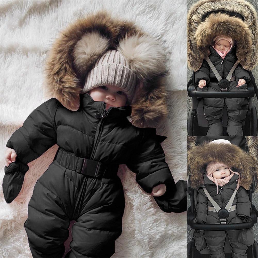 Stevvex infant hooded snowsuit in black with faux fur trim, thick puffer jumpsuit, 3 views on Tampa Home & Garden Store