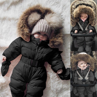 Stevvex infant hooded snowsuit in black with faux fur trim, thick puffer jumpsuit, 3 views on Tampa Home & Garden Store