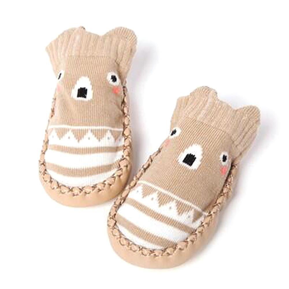 Baby cartoon shoes Stevvex beige cotton soft sole pair with white stripes and cute faces on Tampa Home & Garden Store