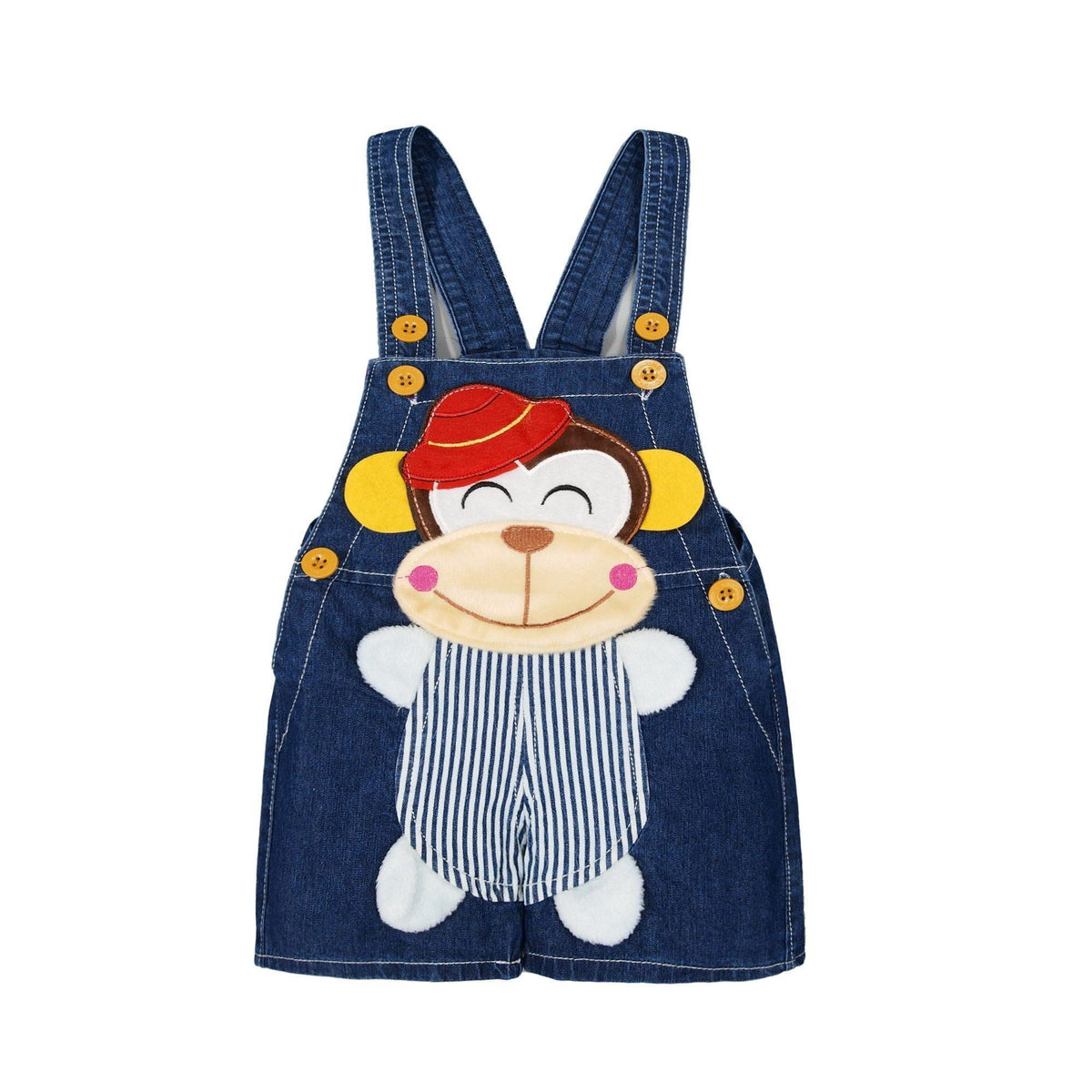 Stevvex baby denim overalls with monkey applique, blue straps and yellow buttons on Tampa Home & Garden Store