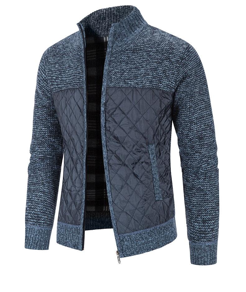 Stevvex men's quilted cardigan jacket in blue-gray knit sleeves, zip front on Tampa Home & Garden Store