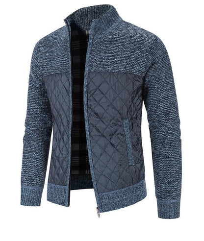 Stevvex men's quilted cardigan jacket in blue-gray knit sleeves, zip front on Tampa Home & Garden Store