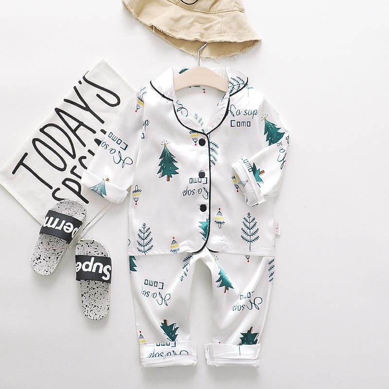 Stevvex satin white kids pajama set with cartoon tree print and buttoned top and pants on Tampa Home & Garden Store