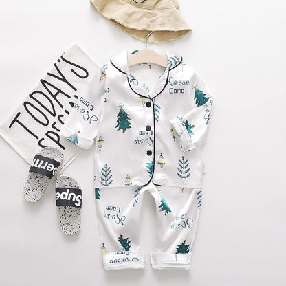 Stevvex satin white kids pajama set with cartoon tree print and buttoned top and pants on Tampa Home & Garden Store