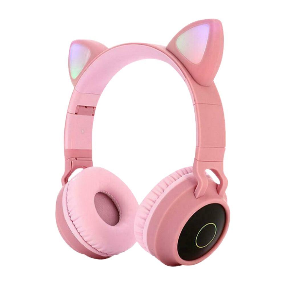 Kids pink wireless on-ear headphones by Stevvex with foldable cat-ear headband and mic on Tampa Home & Garden Store