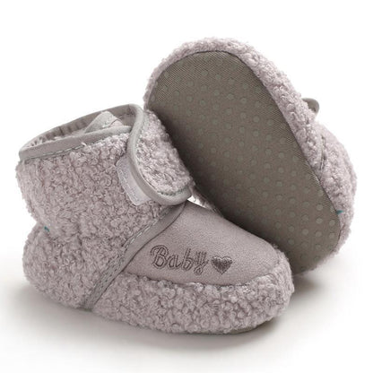 Stevvex newborn soft baby boots pair, fluffy gray sherpa exterior with embroidered Baby on toe on Tampa Home & Garden Store