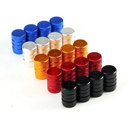 4pcs valve stem caps set in knurled metal finishes: blue, silver, orange, red, black on Tampa Home & Garden Store