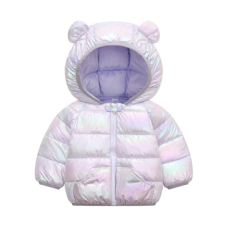 Shiny toddler hooded puffer coat with bear ears in iridescent by Stevvex ST15BY78503DOCHO on Tampa Home & Garden Store