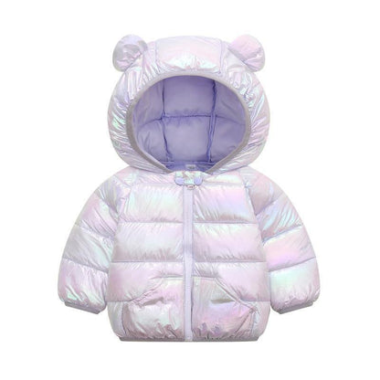 Shiny toddler hooded puffer coat with bear ears in iridescent by Stevvex ST15BY78503DOCHO on Tampa Home & Garden Store
