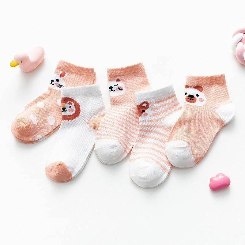 Stevvex 5pc cotton baby socks set peach cartoon faces, breathable mesh for toddlers on Tampa Home & Garden Store