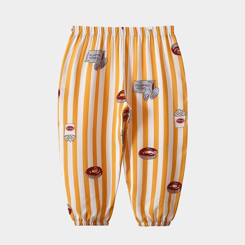 Stevvex baby pajama pants with yellow white striped pattern and donut prints on Tampa Home & Garden Store