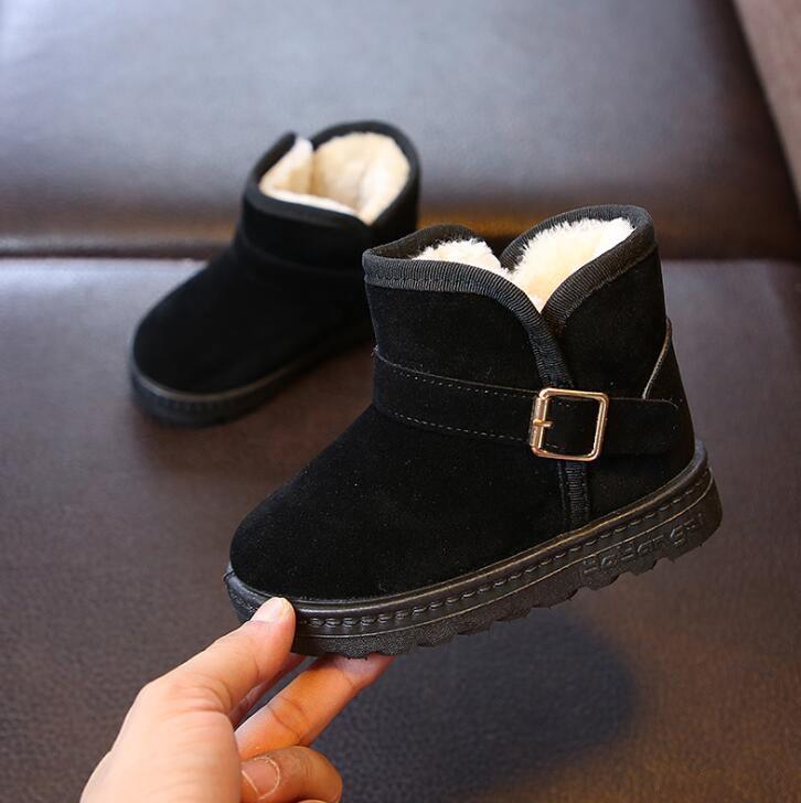 Stevvex winter kids snow boots black suede with plush lining and side buckle, two toddler boots on Tampa Home & Garden Store