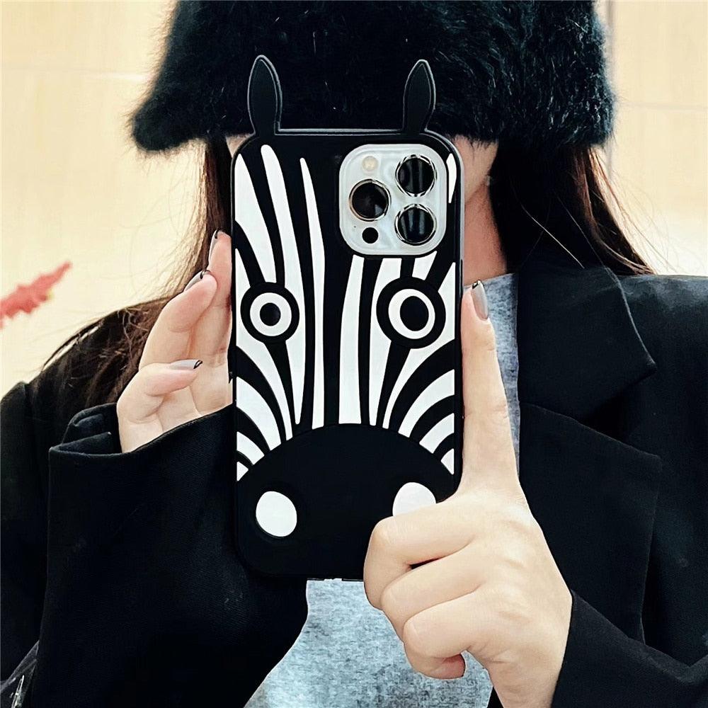 Silicone 3D zebra-ear phone case for iPhone 13 Pro Max Stevvex, black and white zebra pattern on Tampa Home & Garden Store