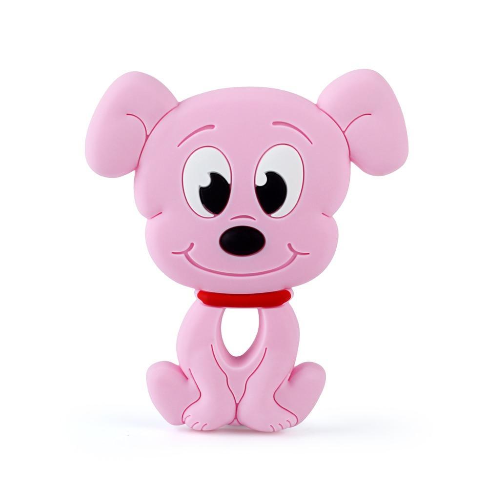 Stevvex pink dog silicone teether for babies with red collar in loop shape on Tampa Home & Garden Store