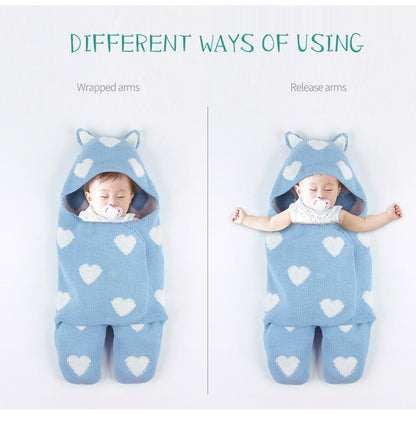 Stevvex blue knitted baby sleeping bag envelope style with white heart pattern, two usage states on Tampa Home & Garden Store