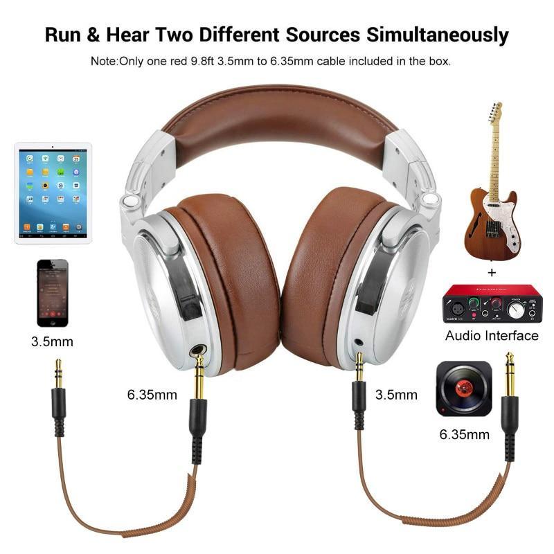 Stevvex Studio Professional DJ Headphones with mic, brown leather ear cushions, dual cables on Tampa Home & Garden Store
