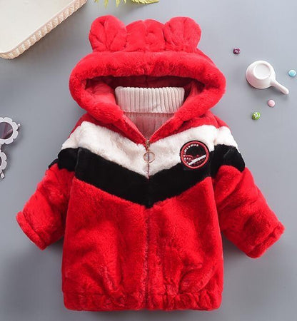 Baby fleece coat Stevvex red with black white chevron hood with bear ears zip front patch logo on Tampa Home & Garden Store