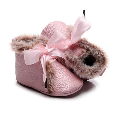 Baby PU Boots pink leather pair with faux fur trim and bowknot Stevvex soft-soled walkers on Tampa Home & Garden Store