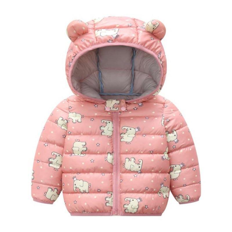 Infant pink hooded puffer jacket by Stevvex with bear print and ears, front zipper, quilted design on Tampa Home & Garden Store