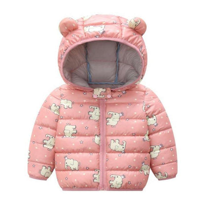 Infant pink hooded puffer jacket by Stevvex with bear print and ears, front zipper, quilted design on Tampa Home & Garden Store