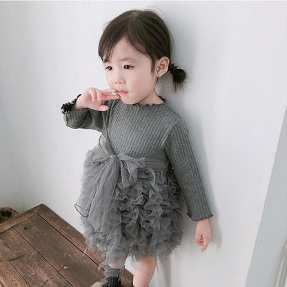 Modern Winter Flower gray knit long sleeve baby dress by Stevvex with layered tulle skirt on Tampa Home & Garden Store