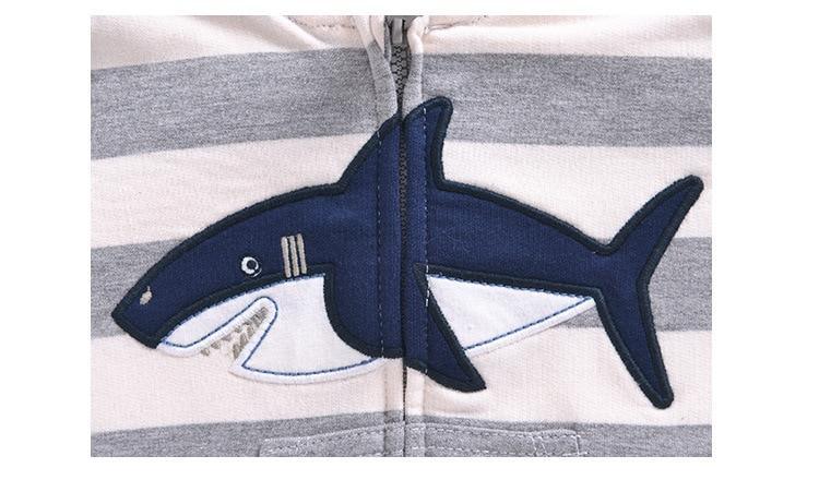 Stevvex baby hoodie cotton sweater with navy shark applique on gray white striped fabric on Tampa Home & Garden Store