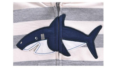 Stevvex baby hoodie cotton sweater with navy shark applique on gray white striped fabric on Tampa Home & Garden Store