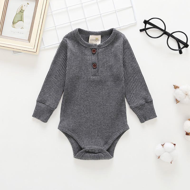 Gray ribbed baby romper Stevvex with long sleeves, henley two-button placket, bottom snaps on Tampa Home & Garden Store