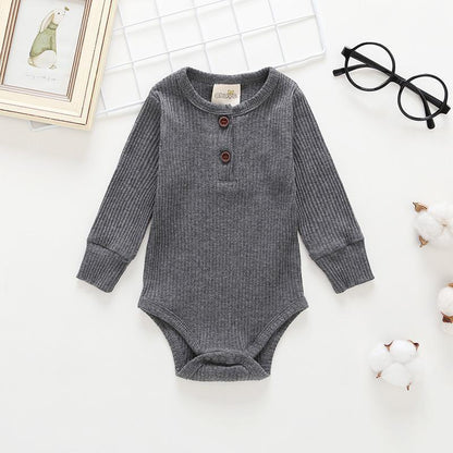 Gray ribbed baby romper Stevvex with long sleeves, henley two-button placket, bottom snaps on Tampa Home & Garden Store