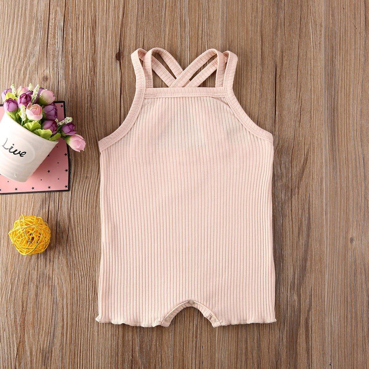 Baby romper pink ribbed cotton, sleeveless jumpsuit with crisscross back straps Stevvex on Tampa Home & Garden Store