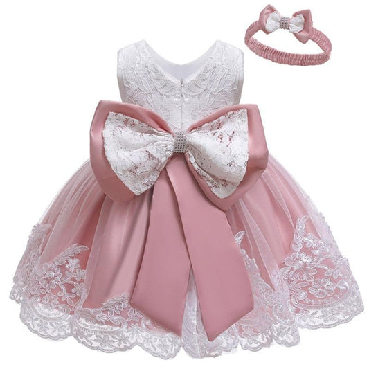 Baby girl dress and headband by Stevvex: white lace bodice, pink satin bow, pink tulle skirt on Tampa Home & Garden Store