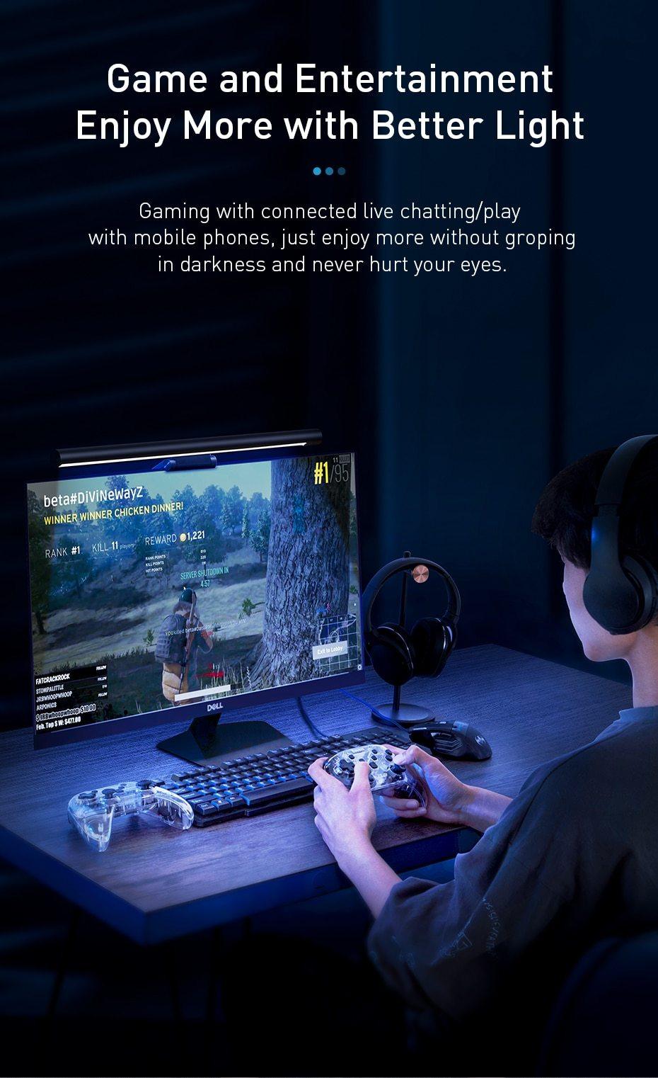 Stevvex Screenbar LED desk lamp on a black LCD monitor in a dark gaming setup with keyboard on Tampa Home & Garden Store
