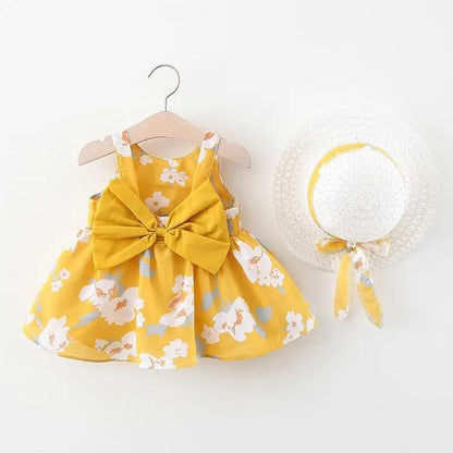 Luxury Modern Bow Print Dress With Hat For Baby
