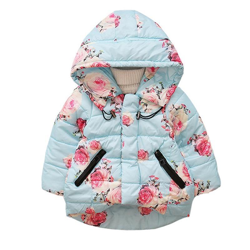 Stevvex baby hooded floral cotton padded jacket blue with pink roses, 2 zip pockets on Tampa Home & Garden Store