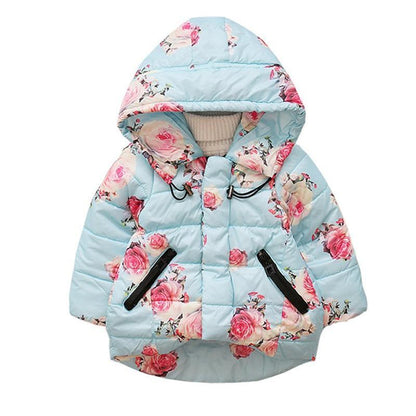Stevvex baby hooded floral cotton padded jacket blue with pink roses, 2 zip pockets on Tampa Home & Garden Store