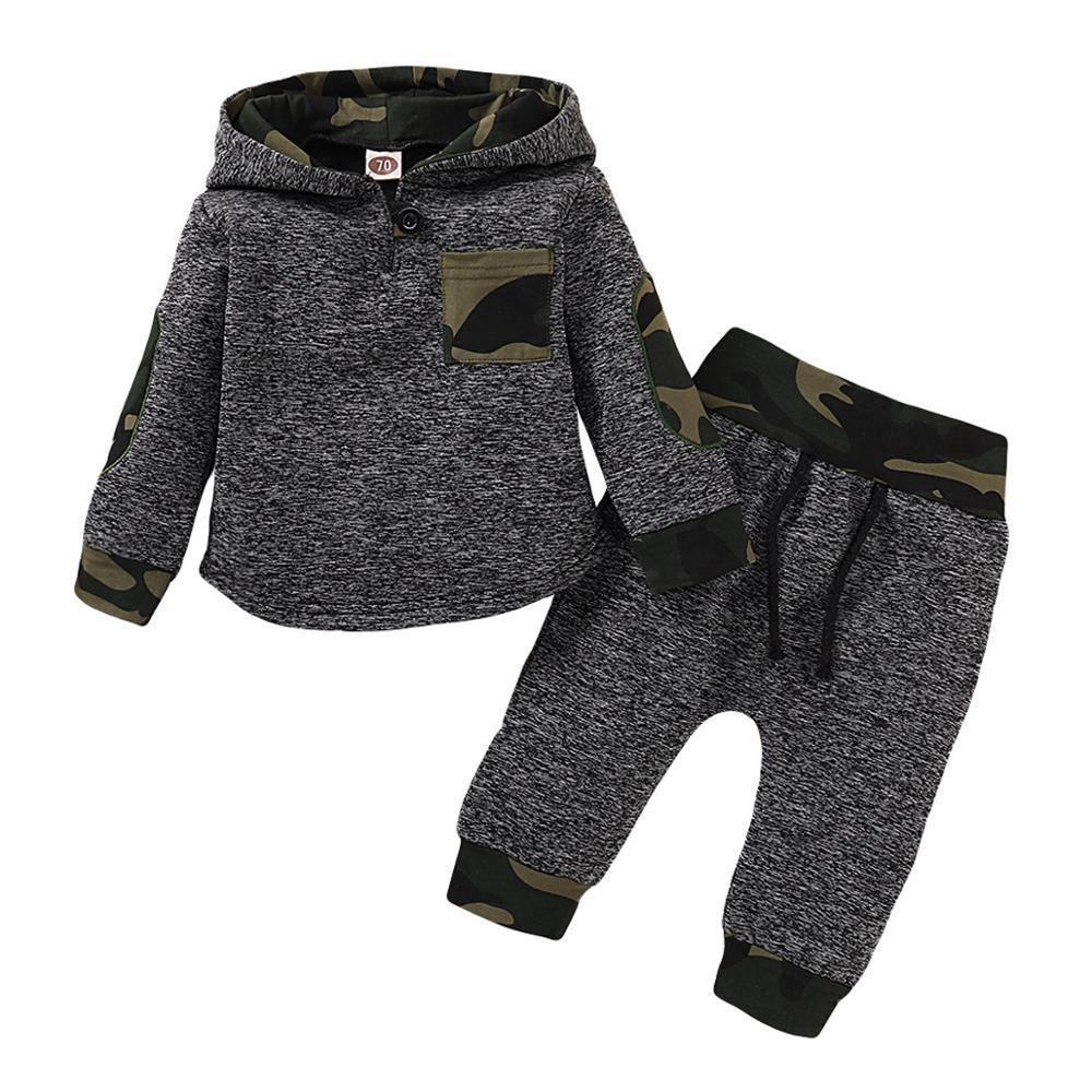 Newborn hoodie and pants 2pc set in gray heather knit with camo accents for baby boys on Tampa Home & Garden Store