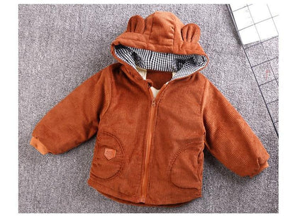 Infant rust orange corduroy hooded jacket by Stevvex with striped lining and front pockets on Tampa Home & Garden Store