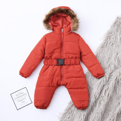 Stevvex infant red hooded snowsuit with fur trim and belted waist on Tampa Home & Garden Store