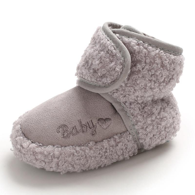 Stevvex newborn baby bootie in soft gray faux shearling with embroidered Baby heart on Tampa Home & Garden Store