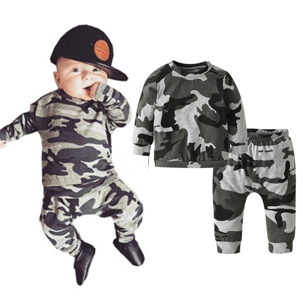 Newborn camouflage two-piece long sleeve shirt and pants set Stevvex infant apparel gray camo on Tampa Home & Garden Store