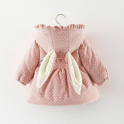 Newborn girl cotton-padded hooded jacket by Stevvex with floral pattern and bunny ears on Tampa Home & Garden Store