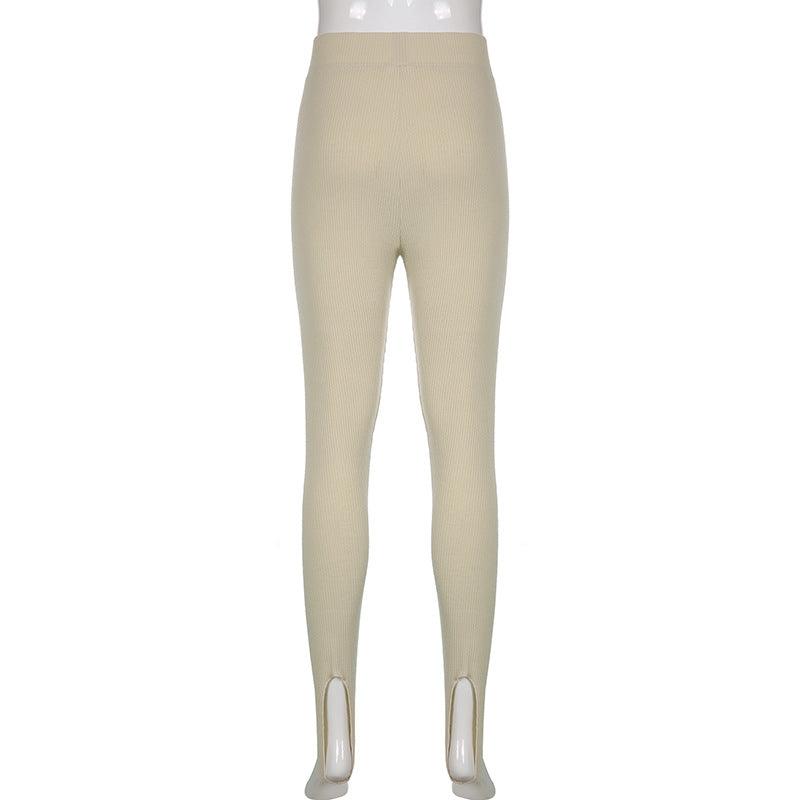 Stevvex beige high-waist ribbed cotton leggings, seamless fit, ankle slits on Tampa Home & Garden Store