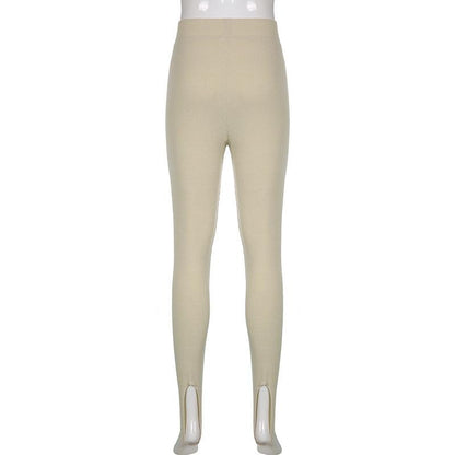 Stevvex beige high-waist ribbed cotton leggings, seamless fit, ankle slits on Tampa Home & Garden Store