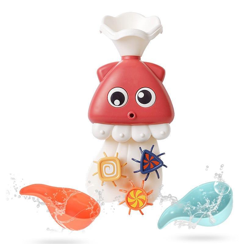 Bath toy Stevvex red squid-shaped tub racer with suction cup top and sea shapes on Tampa Home & Garden Store